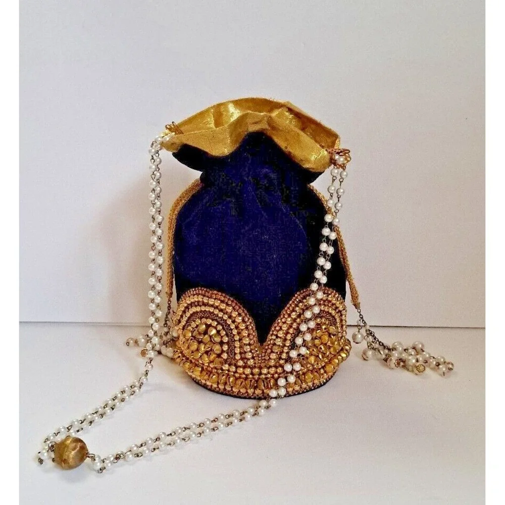 Royal Blue Velvet Potli Bag Gold Beadwork Pearl Handle Ethnic Wedding Clutch